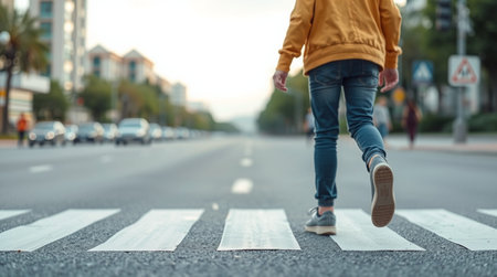 Young woman walking on zebra crossing in the city, close upの写真素材