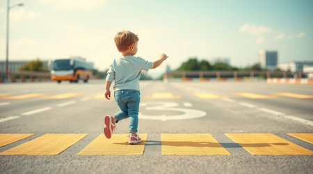 childhood, leisure and people concept - happy little boy running on roadの写真素材