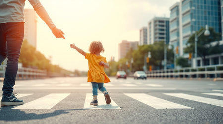 Cute little girl walking on crosswalk with her mother in cityの写真素材