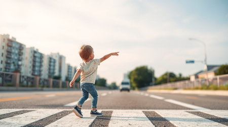 Cute little boy is crossing the road in the city. The concept of a happy childhood.の写真素材