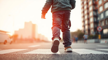 Running man on the crosswalk in a city. Close-up of legs and shoesの写真素材