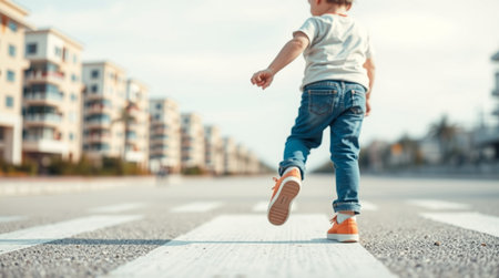 childhood, leisure and people concept - close up of little boy running on city streetの写真素材