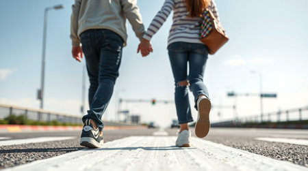 Close up of a young couple walking on the road in the cityの写真素材