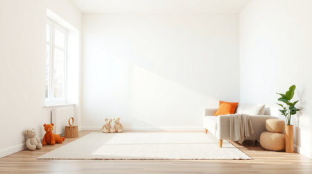 Modern scandinavian living room interior with white walls, wooden floor, comfortable sofa and toys. 3d rendering mock upの写真素材