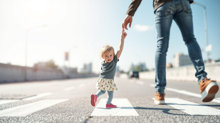 Cute little girl playing with her father on the crosswalk.の写真素材