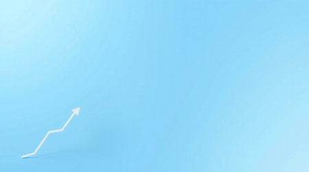 White arrow pointing up on blue background with copy space. 3D renderingの写真素材