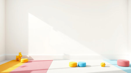 3D render of a children's room with a white wall, a carpet and colorful children's toysの写真素材