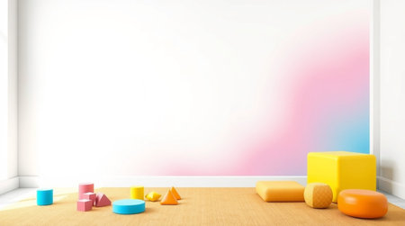 3d rendering of children's room with colorful geometric shapes on the floor