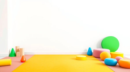 Interior of children's room with colorful geometric shapes and balls. 3d renderの写真素材