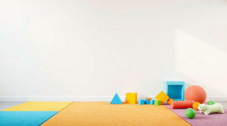Colorful children's toys on the floor in a white room.の写真素材