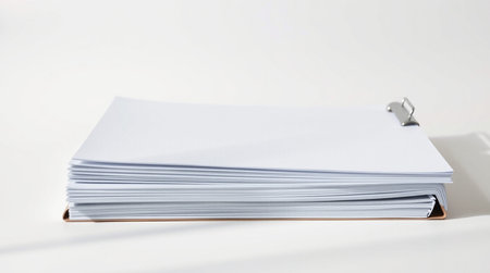 close up of a stack of papers on white background with copy spaceの写真素材