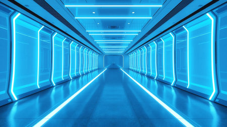 Futuristic corridor with glowing neon lights. 3D rendering.の写真素材
