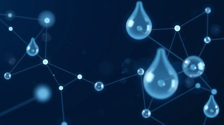 Abstract blue background with connected lines and water drops. 3d rendering