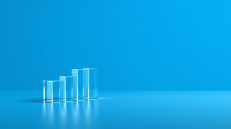 3d render of glass bar graph on blue background. Business growth concept.の写真素材