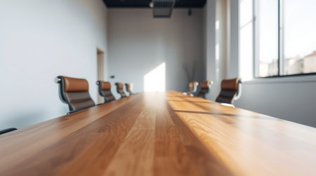 Modern meeting room interior with wooden table and chairs. Blurred backgroundの写真素材