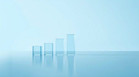 3d render of glass bar chart on blue background with reflection.の写真素材