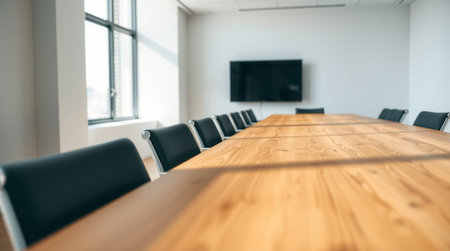 Modern conference room interior with wooden table and chairs. Blurred background
