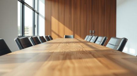 Modern conference room interior with wooden table and chairs. 3D Renderingの写真素材