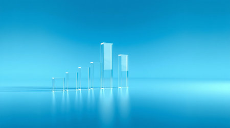 3d render of glass bar graph on blue background with reflection.の写真素材