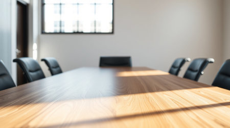 Empty wooden table and chairs in a meeting room, blur background.