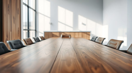 Close up of conference room with wooden tables and chairs. 3D Renderingの写真素材