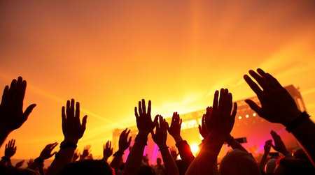 Crowd at a concert in front of a bright orange sunset.の写真素材