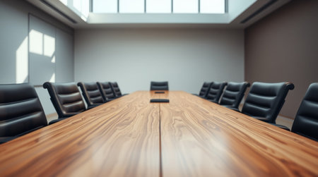 Empty meeting room with wooden table and chairs. 3D Rendering