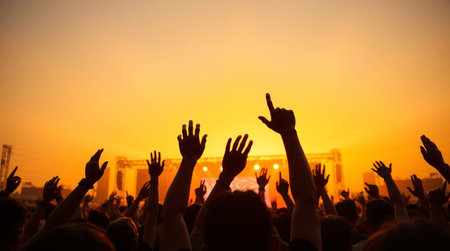 Silhouettes of hands raised at a music festival during a concertの写真素材