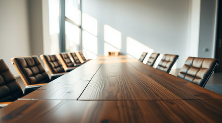Wooden conference table and chairs in modern meeting room. Selective focus.の写真素材