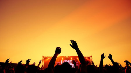 silhouette of a crowd at a music festival in front of a bright orange sunsetの写真素材