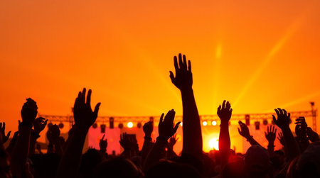 Silhouette of hands raised at a music festival during sunset.の写真素材