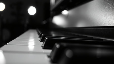 Black and white piano keys closeup, shallow depth of field.