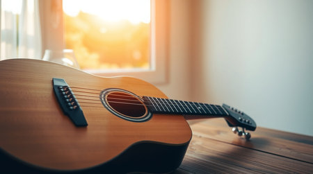 Acoustic guitar on a wooden table in the room with sunlight.