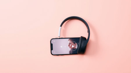 Smartphone with headphones on a pink background. Top view, flat lay