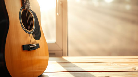 Acoustic guitar on wooden table near window in sunlight. Space for textの写真素材
