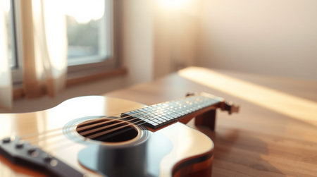 Acoustic guitar on wooden table in room, shallow depth of fieldの写真素材