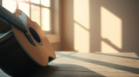 Acoustic guitar on a wooden table in the sunlight. 3d renderingの写真素材