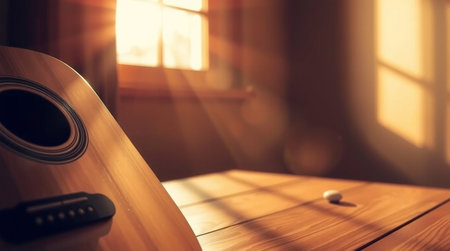 Acoustic guitar on a wooden table in a room with sunlight.の写真素材
