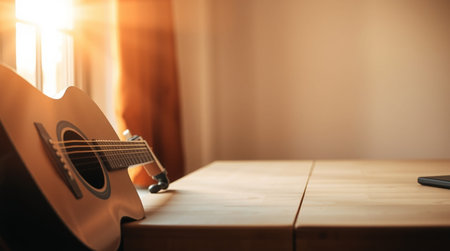 Acoustic guitar on wooden table in living room, shallow depth of field