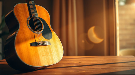 Acoustic guitar on wooden table in the living room. Music conceptの写真素材