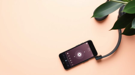 Smartphone charging with power bank on orange background with copy space.の写真素材