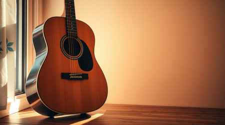 Acoustic guitar on a wooden floor with a window in the background