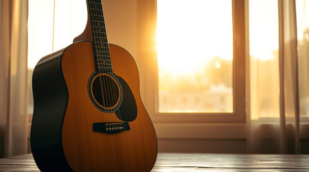 Acoustic guitar on the wooden floor near the window at sunset.