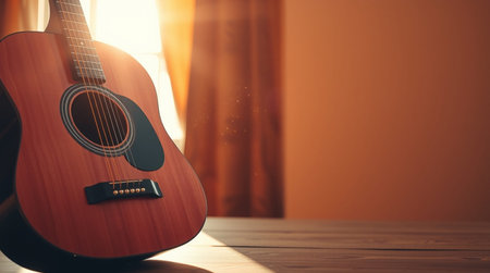 Acoustic guitar on wooden table in room with window and sunlight.の写真素材