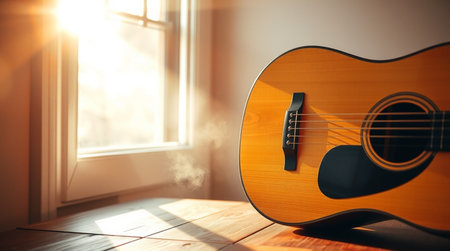 Acoustic guitar on a wooden floor near the window at sunset.の写真素材