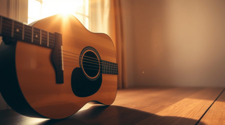 Acoustic guitar on the wooden floor in the living room with sunlight
