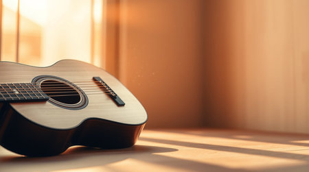 Acoustic guitar on a wooden table in the room. Selective focus.の写真素材