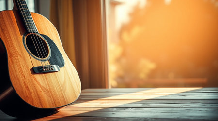 Acoustic guitar on wooden table in front of window with sunlight.の写真素材