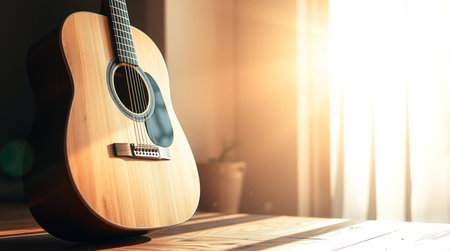 Acoustic guitar on wooden table in sunlight. Music concept. 3D Rendering