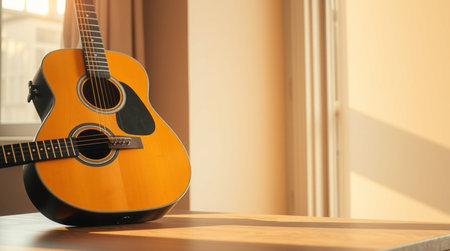 Acoustic guitar on a wooden table in a room with a windowの写真素材
